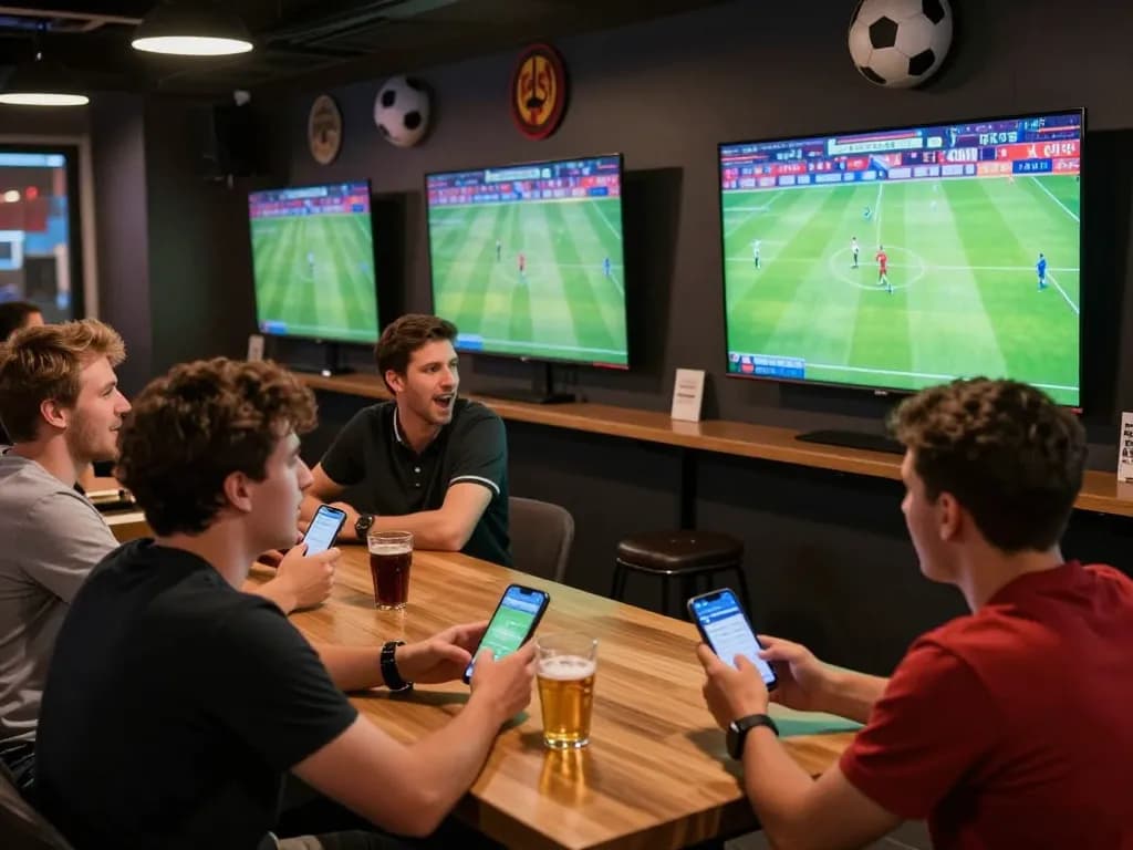 Fans enjoying Bundesliga games while placing bets using go8 sports betting apps in a lively lounge.