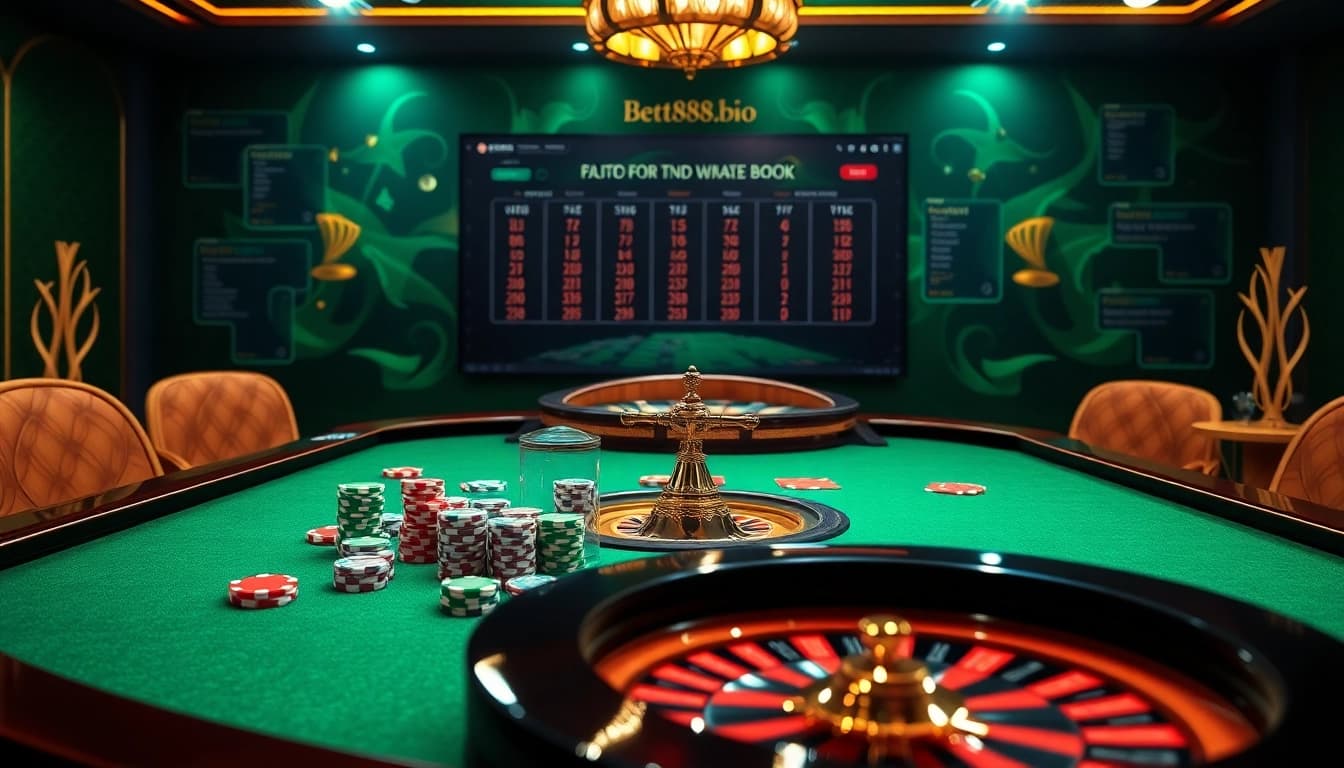 Experience thrilling gameplay at bet88vn.bio with vibrant gaming tables, chips, and roulette wheels.