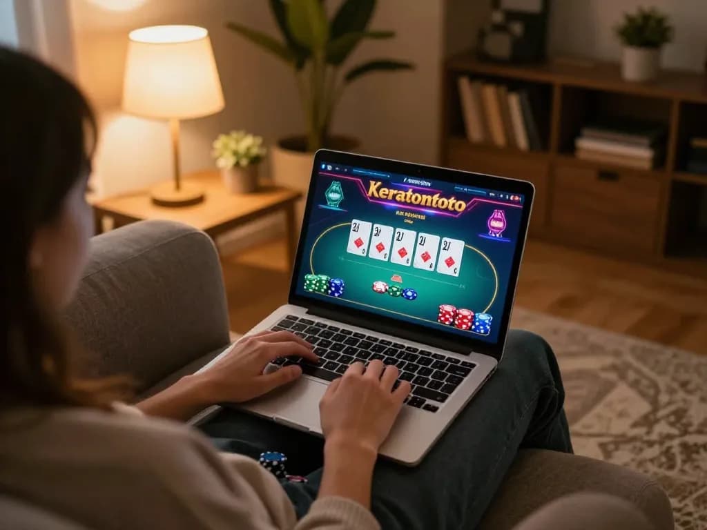 Engaging in keratontoto gaming from home on a laptop with cozy atmosphere and vibrant interface