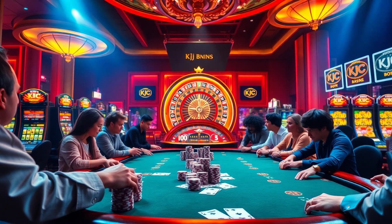 KJC casino scene featuring an exciting poker game with vibrant chips and cards in action.