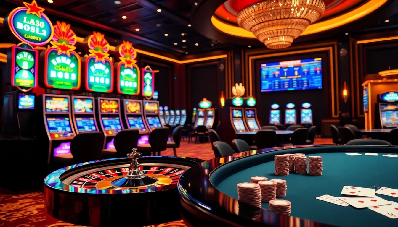 Experience the thrill of idnslot gaming at a luxurious casino filled with vibrant lights and high-end slot machines.