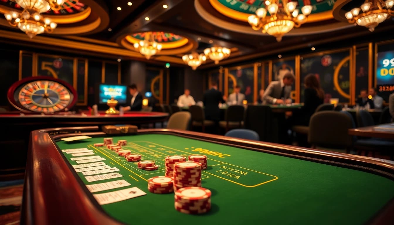 Players enjoying an engaging game at the 99win casino table with vibrant chips and a lively atmosphere.