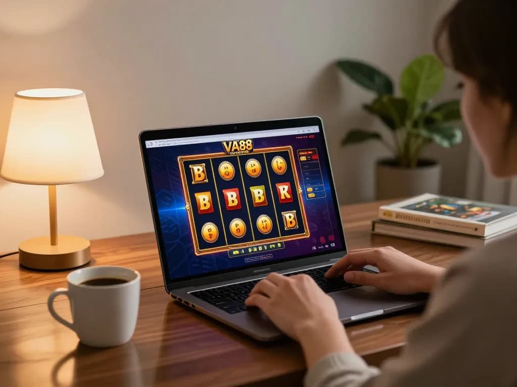Engaged user exploring VA88 online casino gaming setup on a modern laptop, showcasing vibrant slot game.