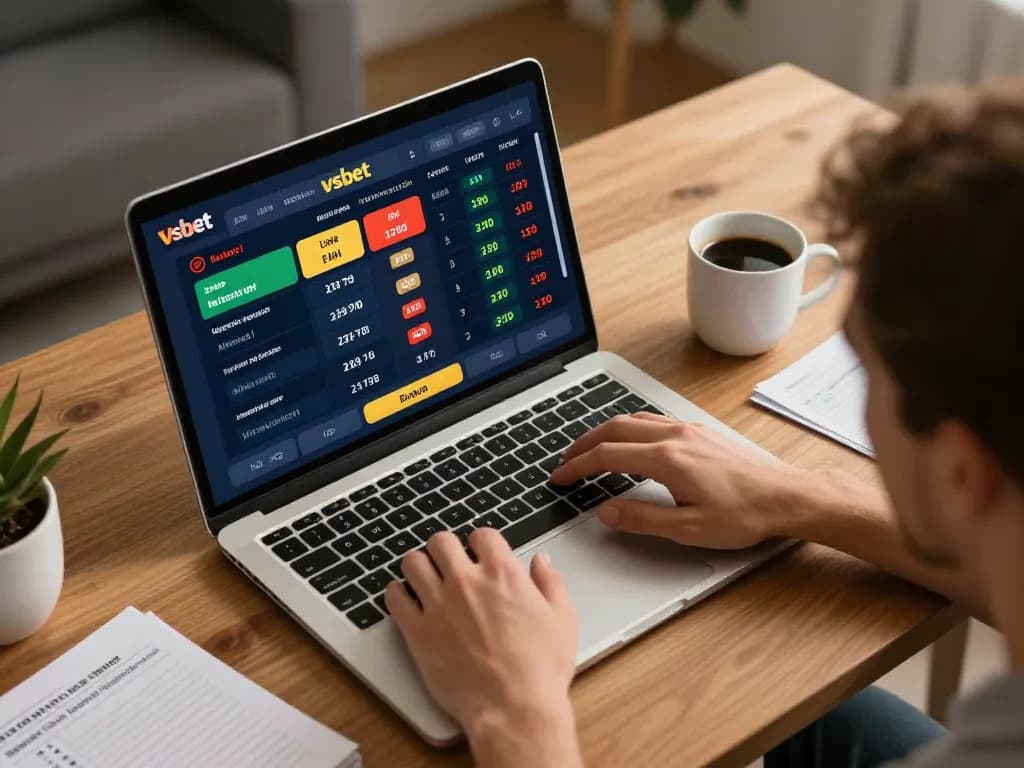 Engaging user analyzing sports betting odds on Vsbet platform during online gaming session.