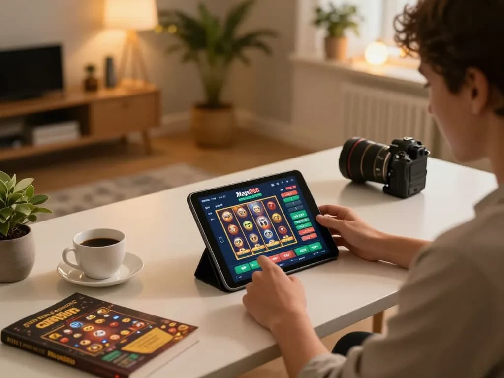 Antara muka muat turun rasmi Mega888 original yang ditunjukkan pada tablet semasa sesi permainan yang menarik di rumah