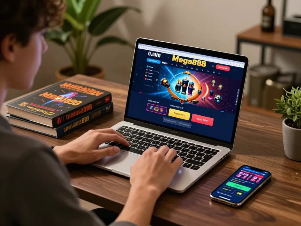 Mega888 player engaging with online casino game interface on laptop while surrounded by gaming materials.