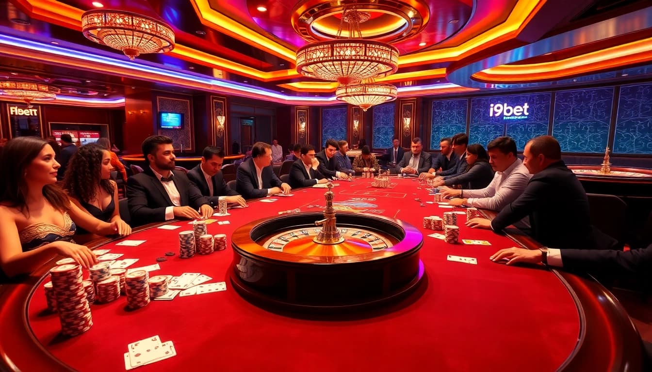 Exciting poker action at i9bet casino with vibrant chips and players engaged in strategy.