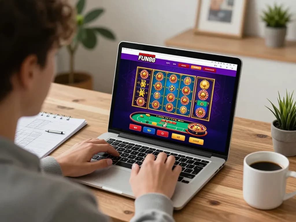 Player enjoying FUN88's online gaming experience at home with strategy notes in view.