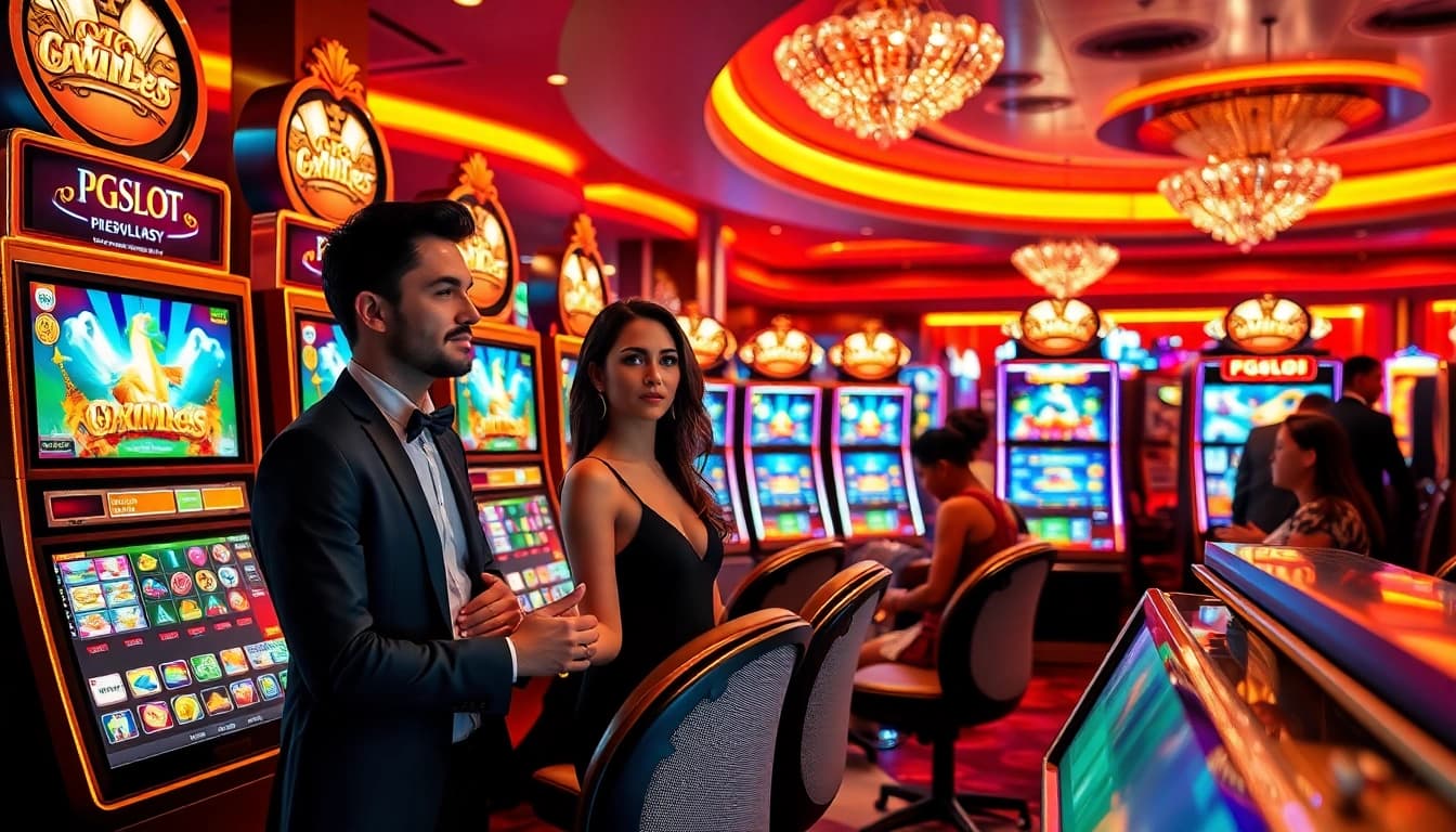 Experience excitement at a PGSLOT gaming area bustling with activity and vibrant colors.