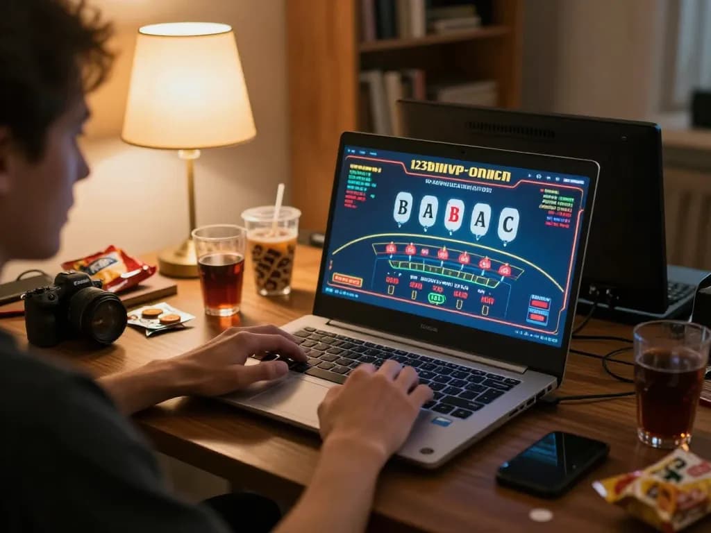 Person enjoying online casino gaming on 123bmvp, showcasing strategic gameplay and cozy atmosphere.