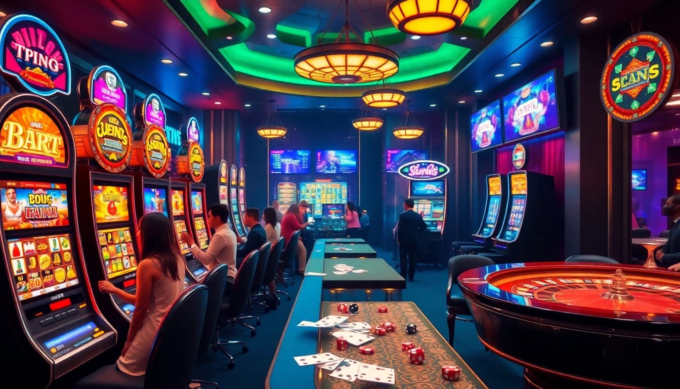 Nổ Hũ Đổi Thưởng players enjoying an exciting casino atmosphere with slot games and roulette tables.