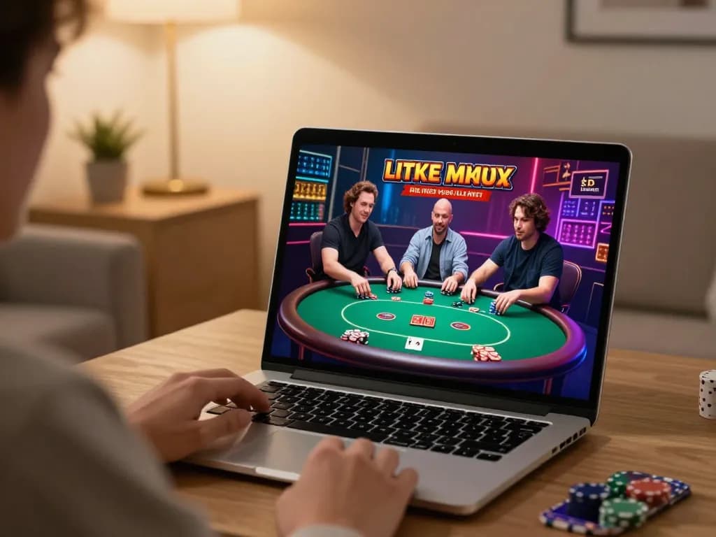 Engaging with go8 online poker game on a laptop while practicing responsible gambling strategies at home.
