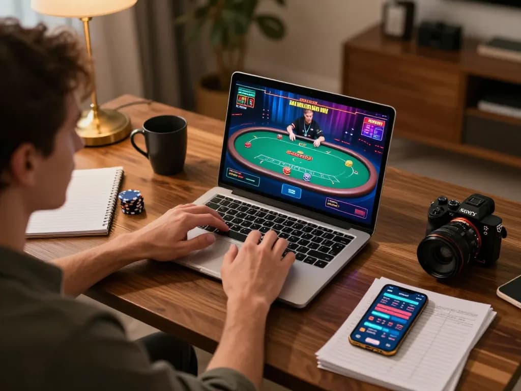Pengguna Planet77 terlibat dalam permainan poker online strategis di rumah, fokus pada taruhan yang bertanggung jawab.