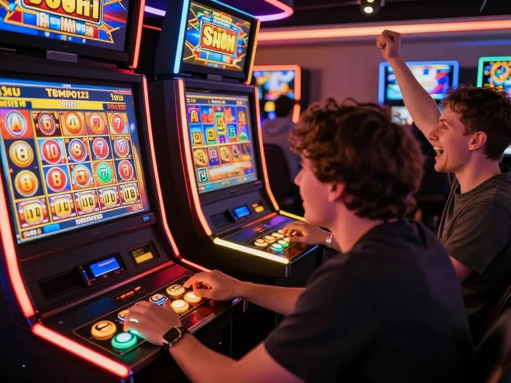 Exciting moment of players enjoying Tempo123 Slot at lively casino venue.