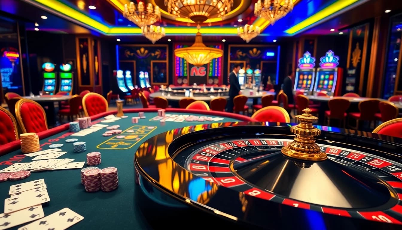 Experience the thrill of a sunwin casino scene with vibrant gaming tables and excited players.