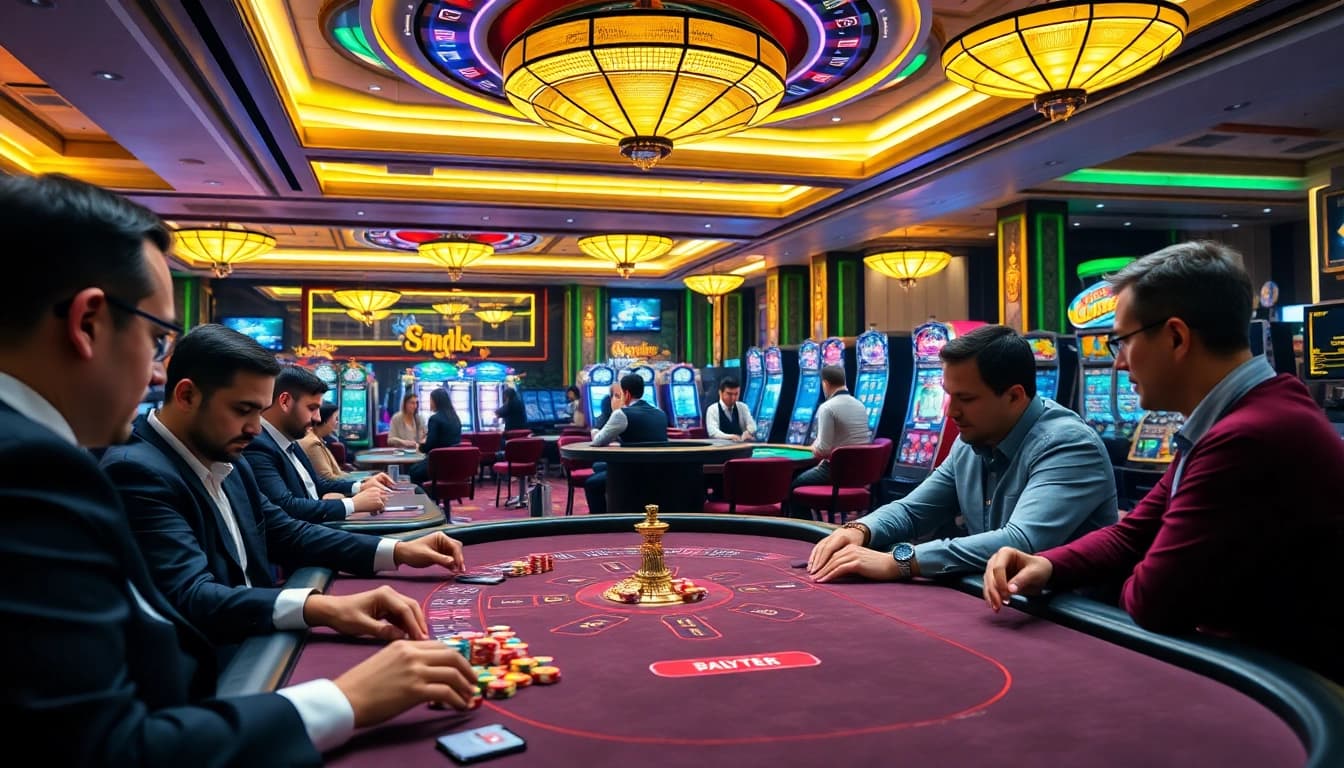 High-stakes poker players enjoying a game at a casino, emphasizing S8 tech in a vibrant setting.