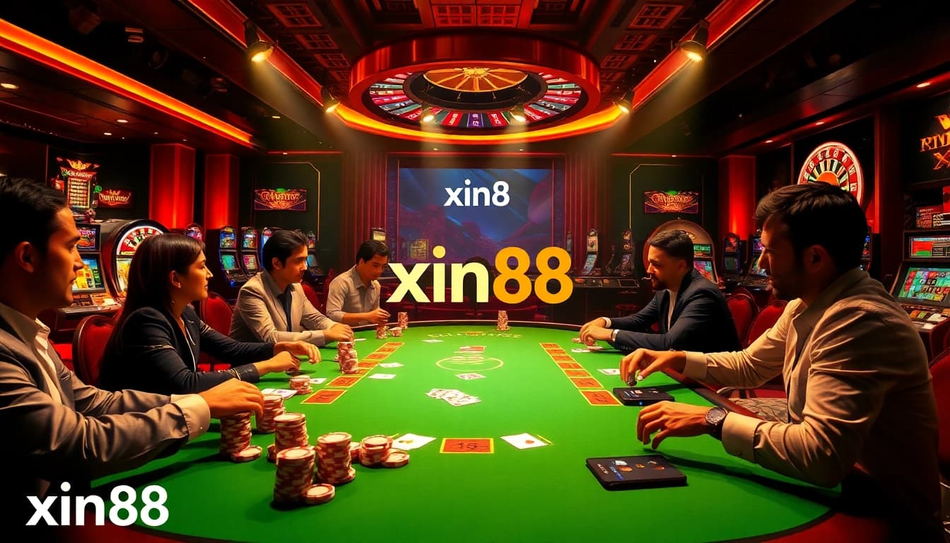 A thrilling poker game at xin88 casino, showcasing an elegant dealer and excited players at a luxurious table.