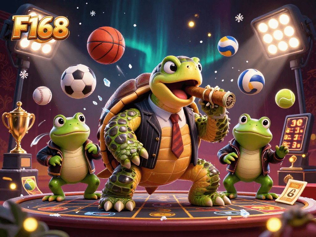 F168 captures a dynamic scene of a mobster turtle and bullfrog enforcers amidst casino action with flying sports elements.