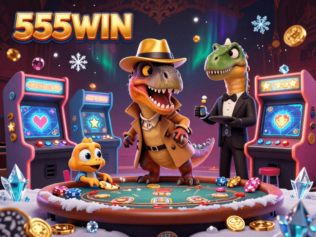 Engage with 555WIN's exciting gaming experience featuring a velociraptor card counter amidst colorful casino elements.