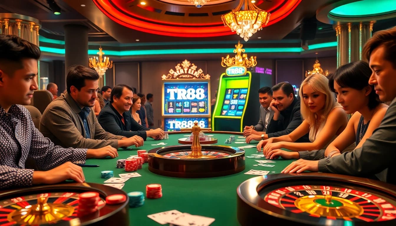 Players engaging with a TR88 slot machine amidst a luxurious casino environment.