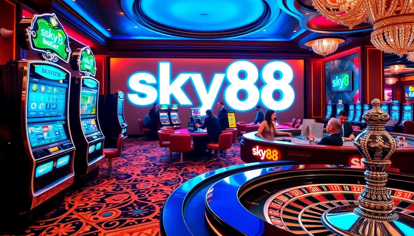 Experience the excitement of sky88 with a vibrant casino scene featuring luxurious slot machines and a polished poker table.