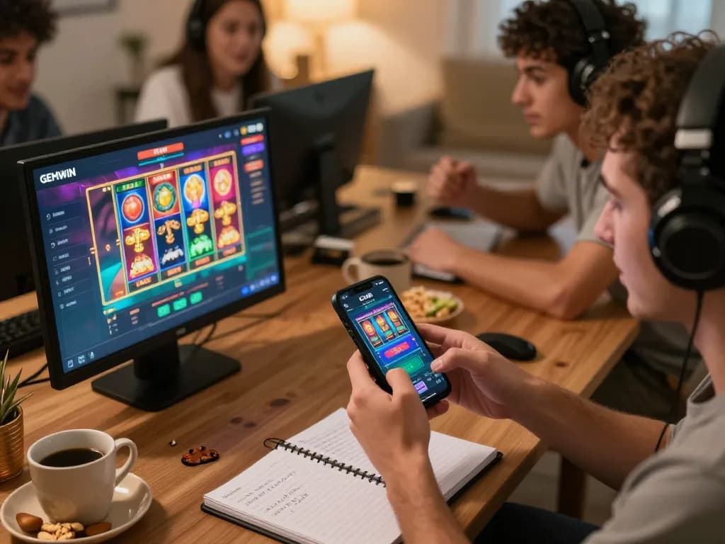 GEMWIN player immersed in online gaming action on mobile app in a warm, inviting setting