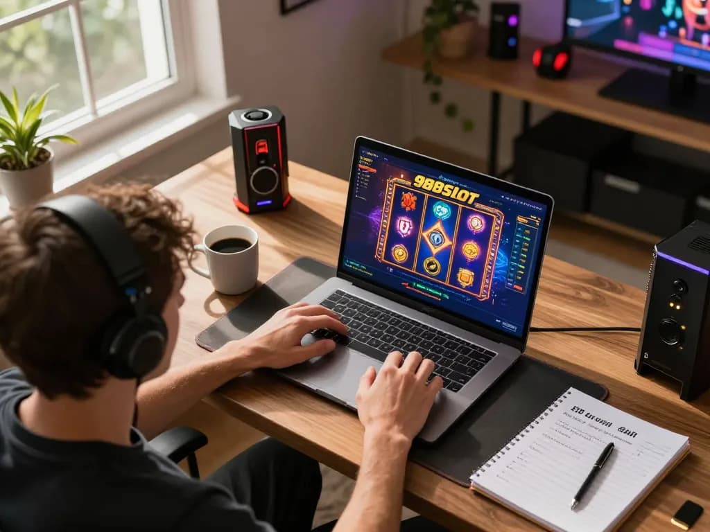 Player enjoying 988slot on laptop in a stylish home gaming setup, with vibrant screen and strategy notes.
