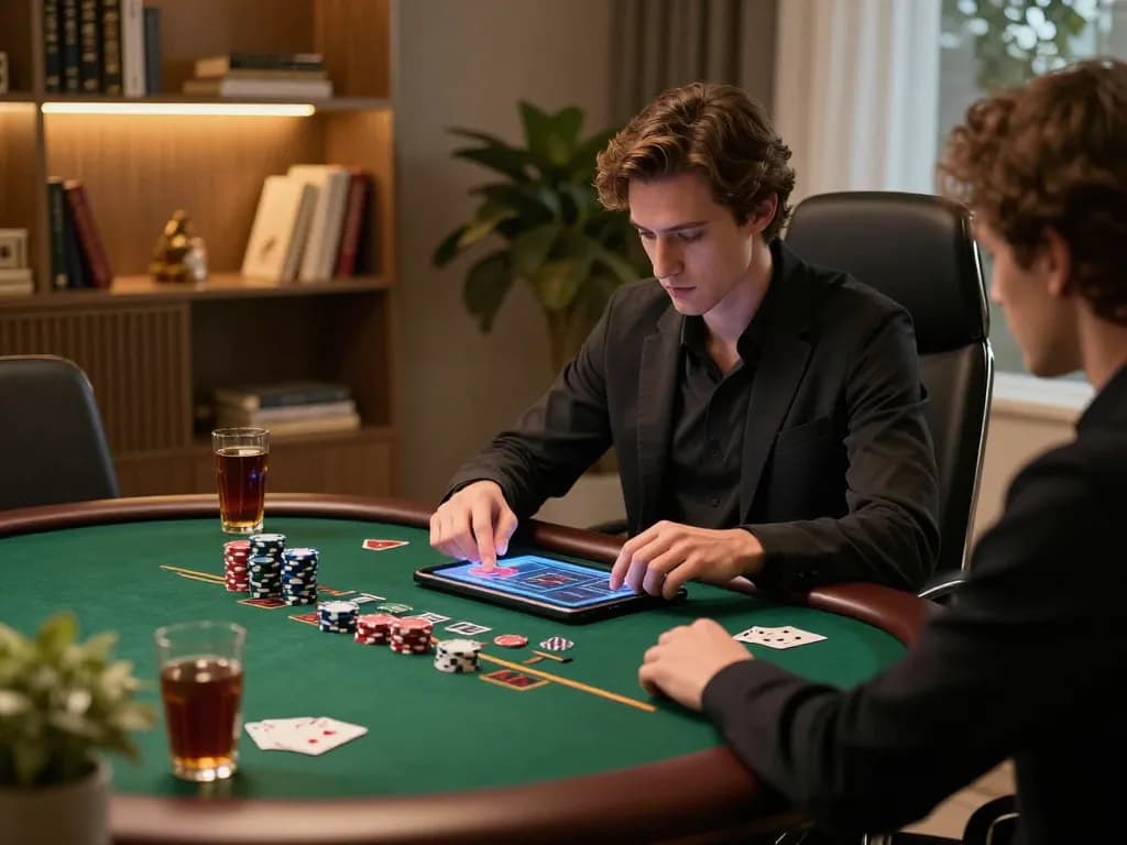 Player enjoying blackjack on GG88 tablet in stylish home office setting
