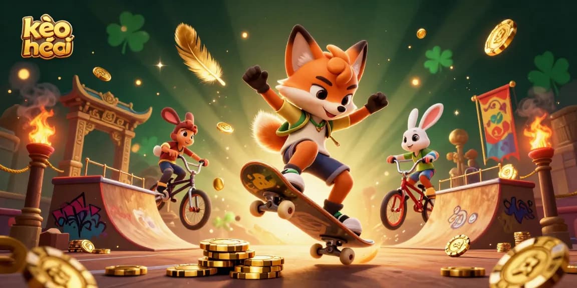 Experience thrilling moments with kèo nhà cái as a fox executes a kickflip while a rabbit performs BMX tricks in a casino-themed scene.
