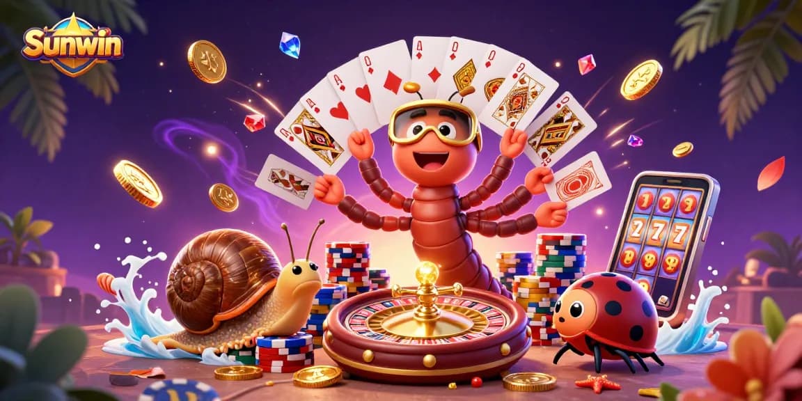 Experience exciting gameplay with Sunwin's animated millipede dealer and colossal chips in a lively casino scene.