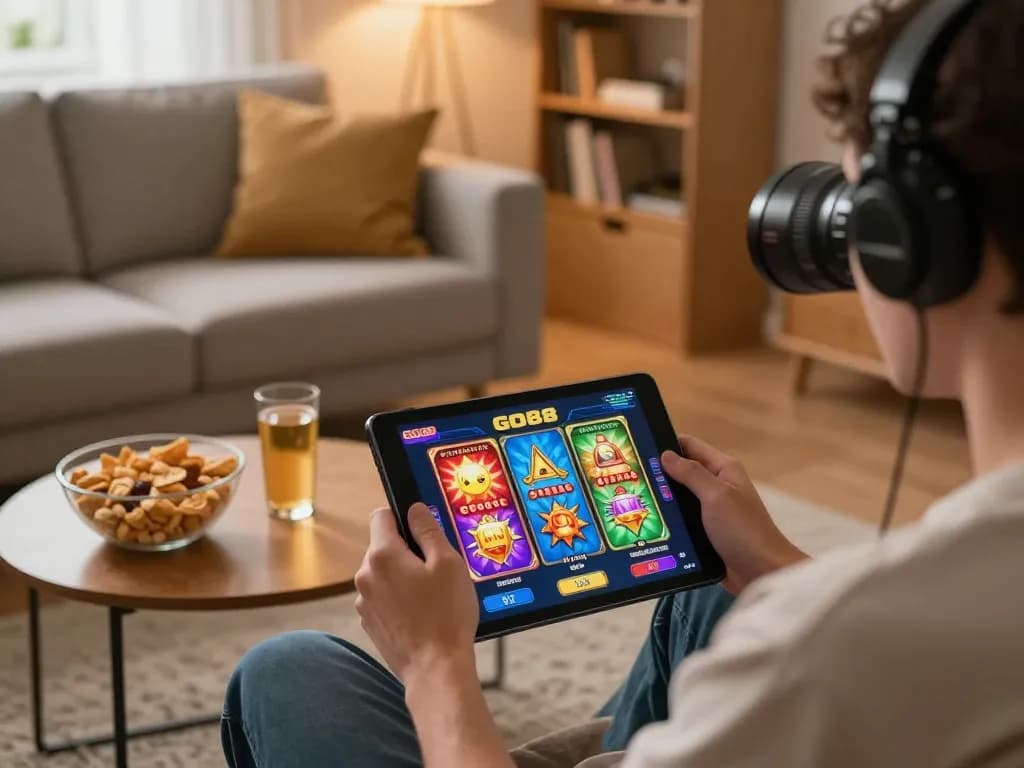 Playing Go88 slot games on a tablet in a cozy living room.