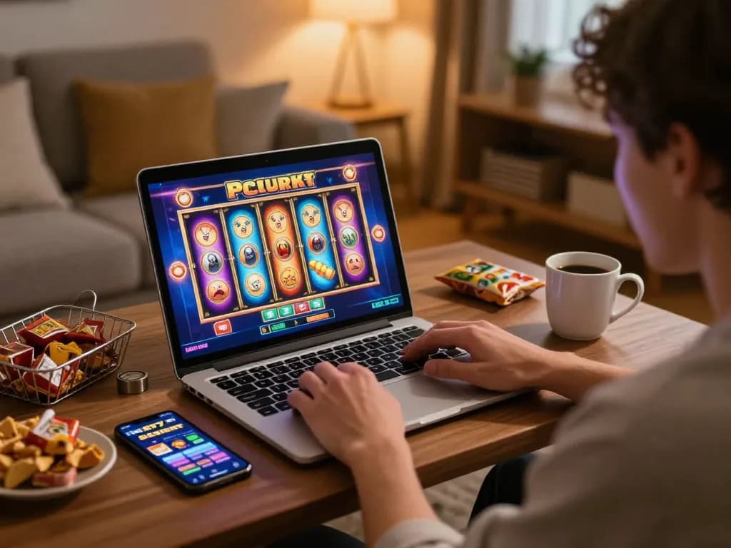 A player enjoying online slot games on jus77 app at home, surrounded by snacks and cozy lighting.