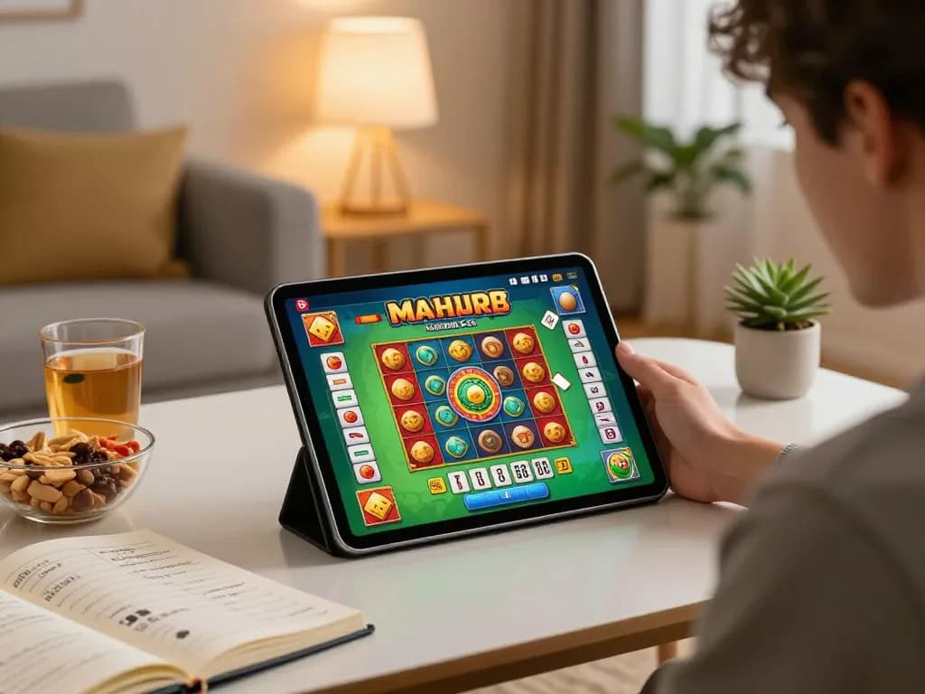 situs slot mahjong gameplay on a tablet in a cozy home setting with strategic notes visible
