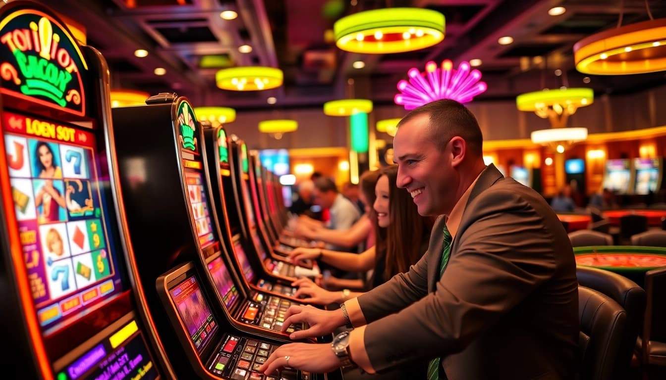 Players enjoying slot gacor machines in a vibrant casino environment filled with excitement.