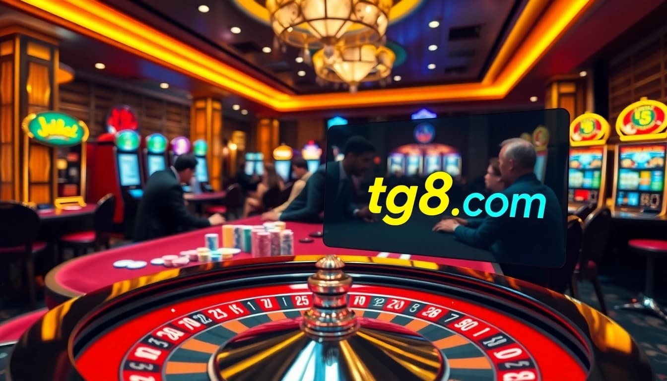 Exciting poker game at tg88.com casino with colorful chips and vibrant atmosphere.