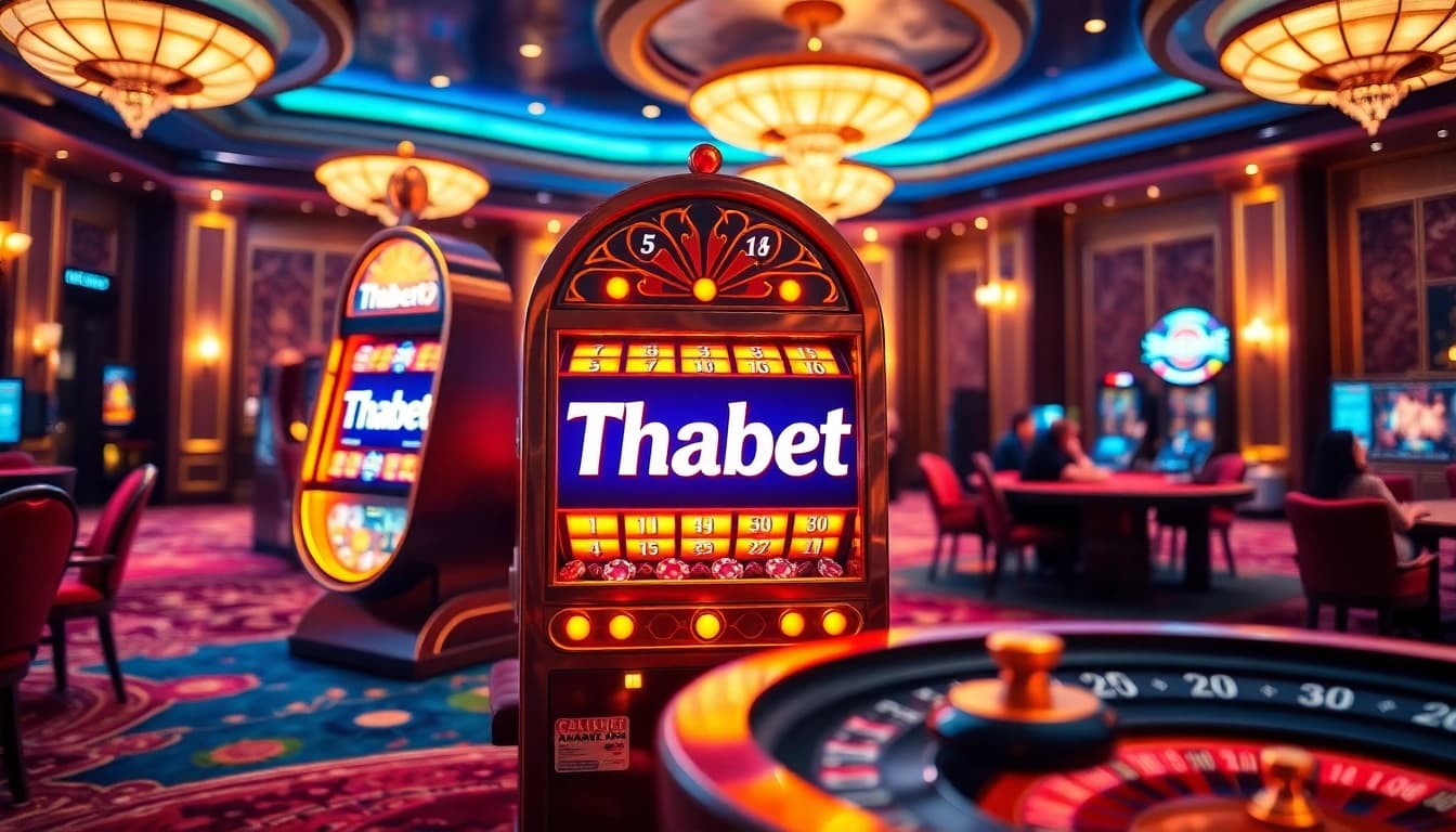 Experience the vibrant excitement of Thabet casino with glowing slot machines and poker chips.