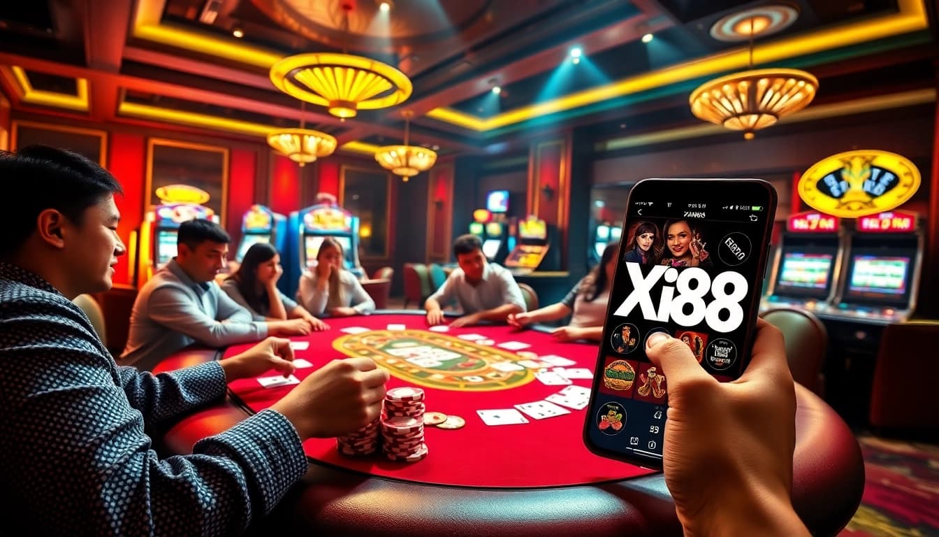 Players enjoying a thrilling poker game at Xin88 casino, highlighting excitement and vibrant action.