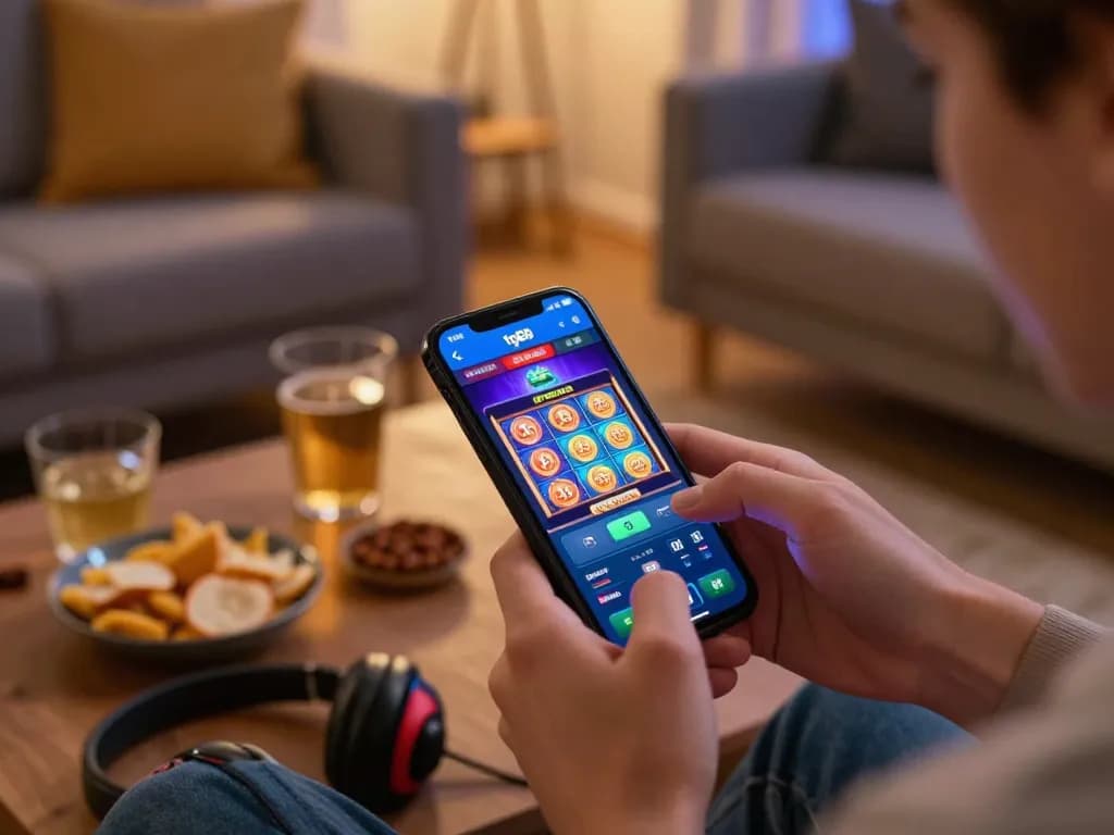Engaging with tg88 online casino app on smartphone showcasing slot game interface in a cozy home setting.