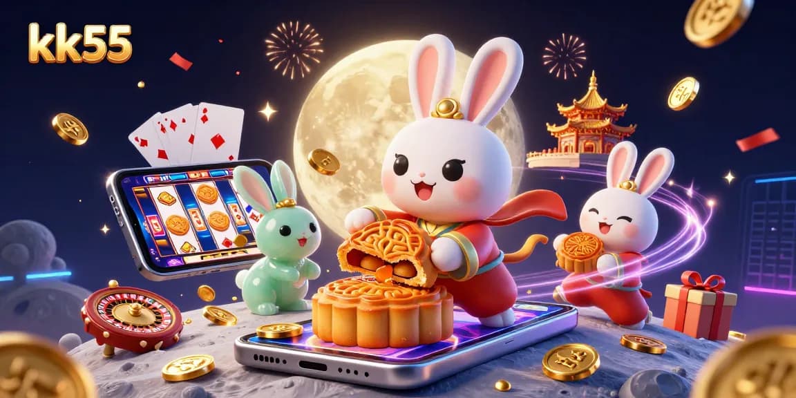 kk55 players celebrate winning with colorful casino elements in a vibrant moonlit scene