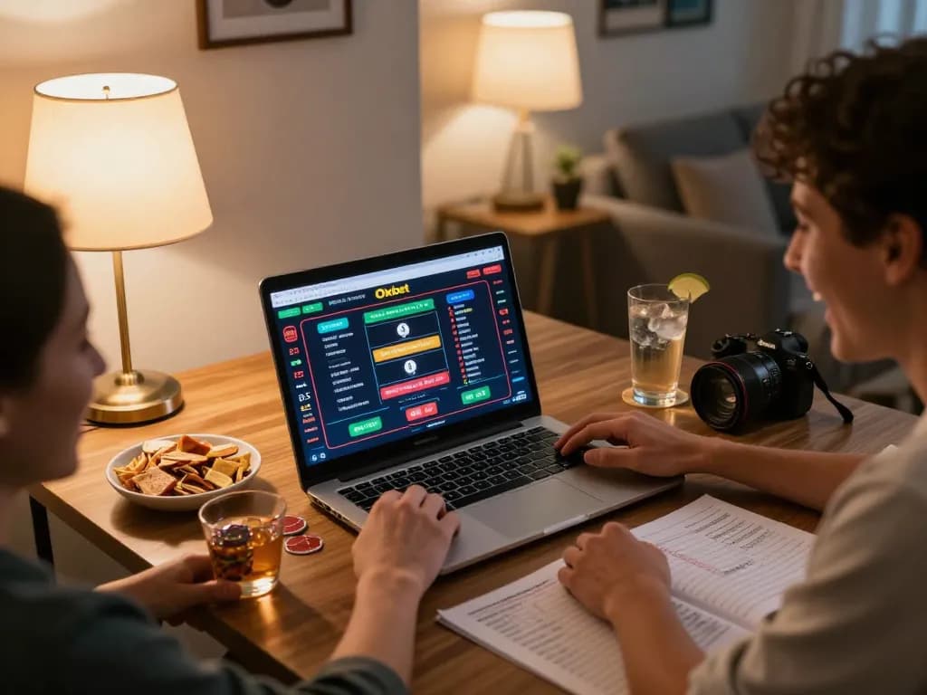 Engaged player betting on Oxbet casino game with warm lighting and drink nearby