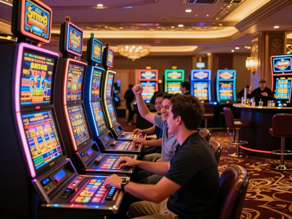 go99 players celebrating wins at vibrant casino slot machines surrounded by colorful lights