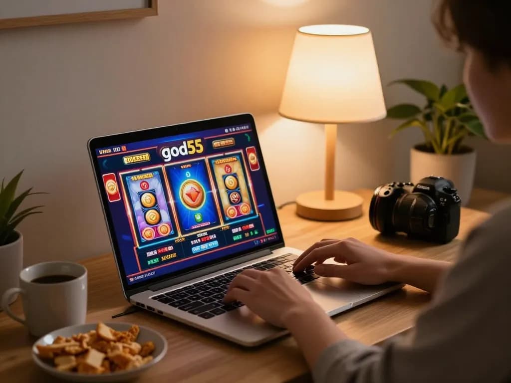 Engaging in online gaming with God55 on a laptop at home, showcasing a cozy and inviting atmosphere.