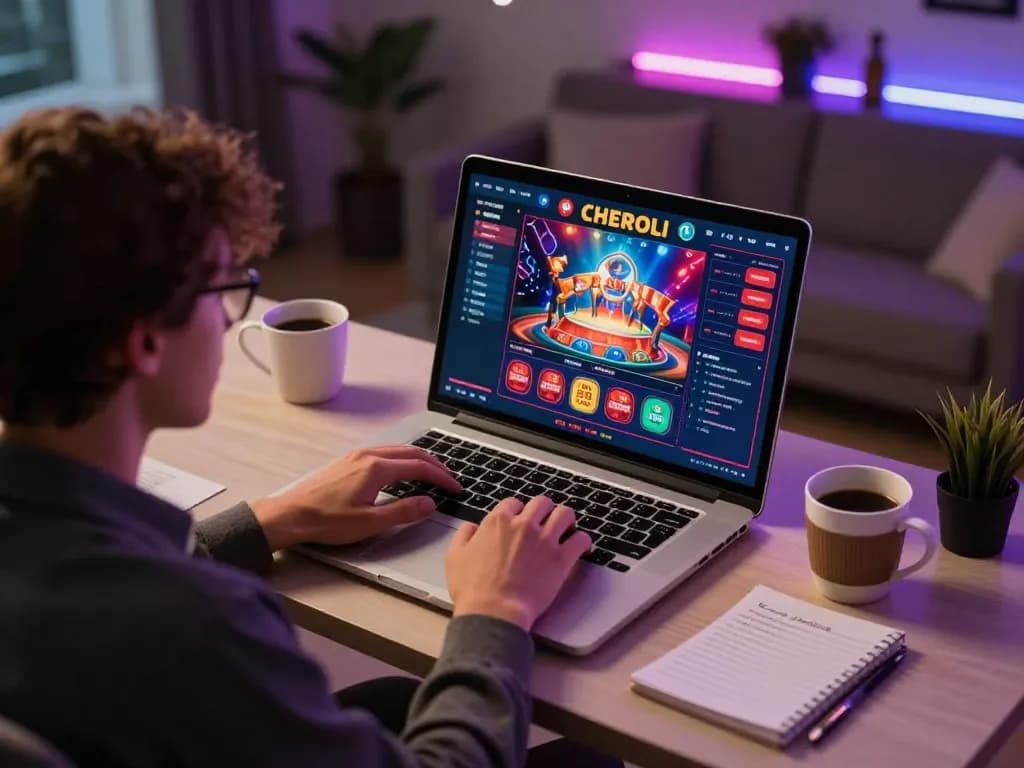 Engaged player enjoying Bsport online gaming experience at home desk with vibrant interface.