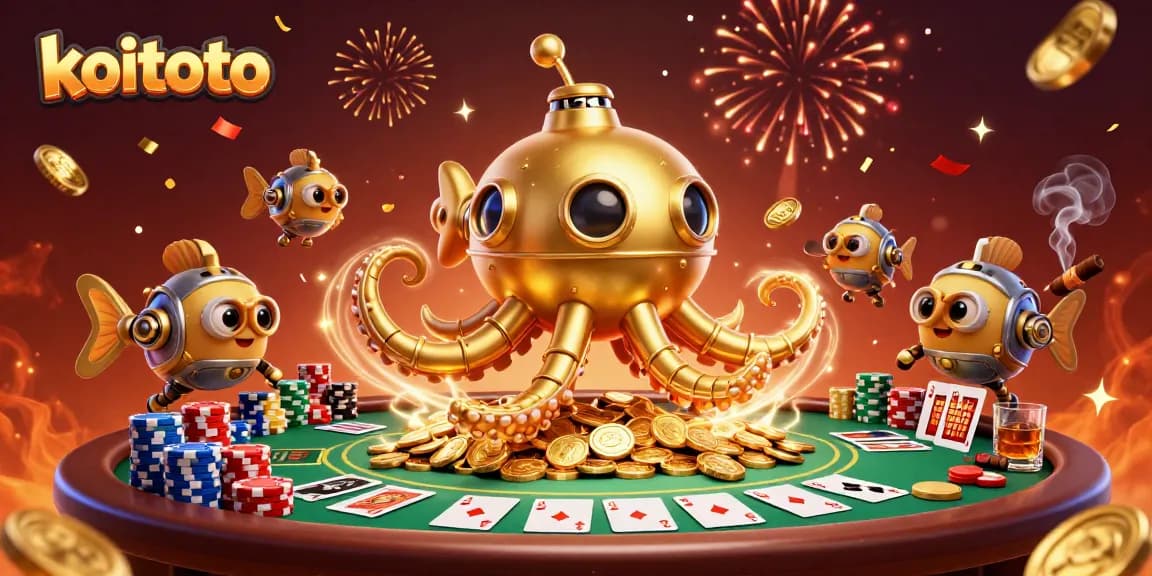 Experience thrilling adventures with koitoto while enjoying poker games amidst a sea of golden coins.