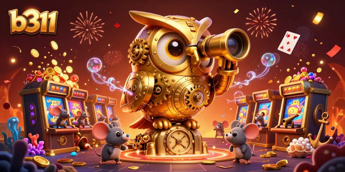 Atraia jackpots com b311: ilustração 3D de uma coruja com engrenagens e camundongos em um casino.