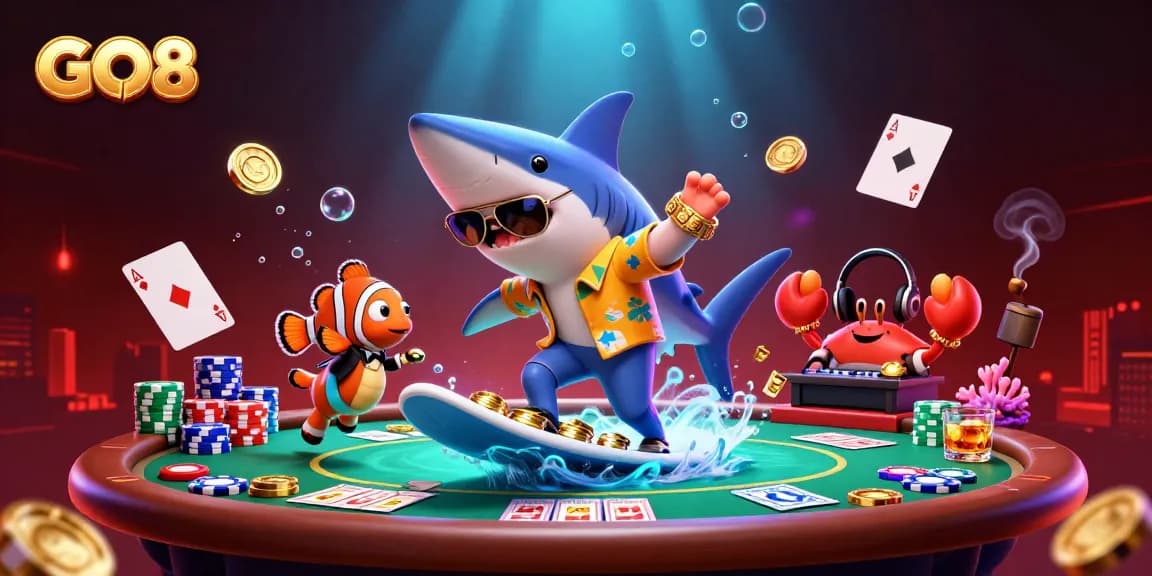 Engage in thrilling casino action with GO8 featuring a shark, clownfish, and crab amidst vibrant poker elements.