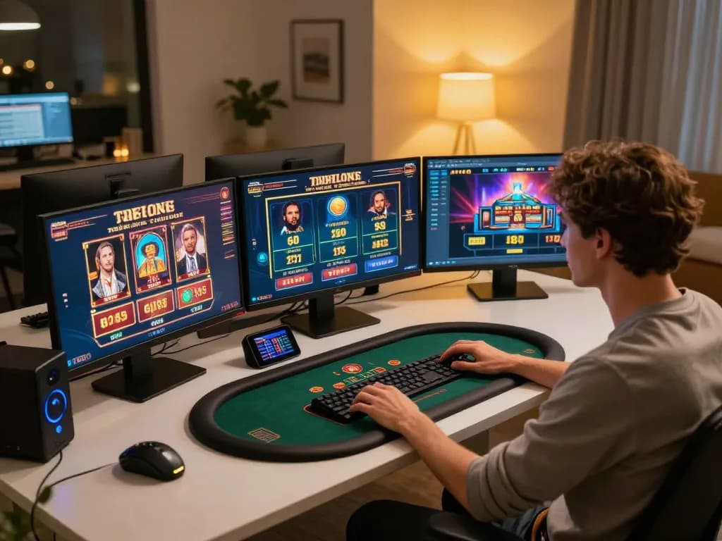 Player engaged in online casino gaming with SC88 app on multiple screens, showcasing interactive betting action.