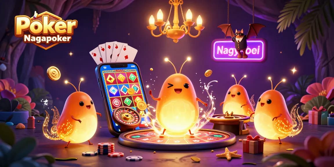 Experience Poker Online Uang Asli Nagapoker with vibrant gaming elements in a animated casino scene.