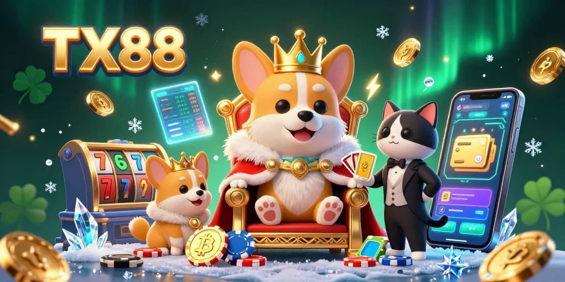 Engage in the excitement of TX88 gaming with royal corgi and crypto elements in a vibrant 3D scene.