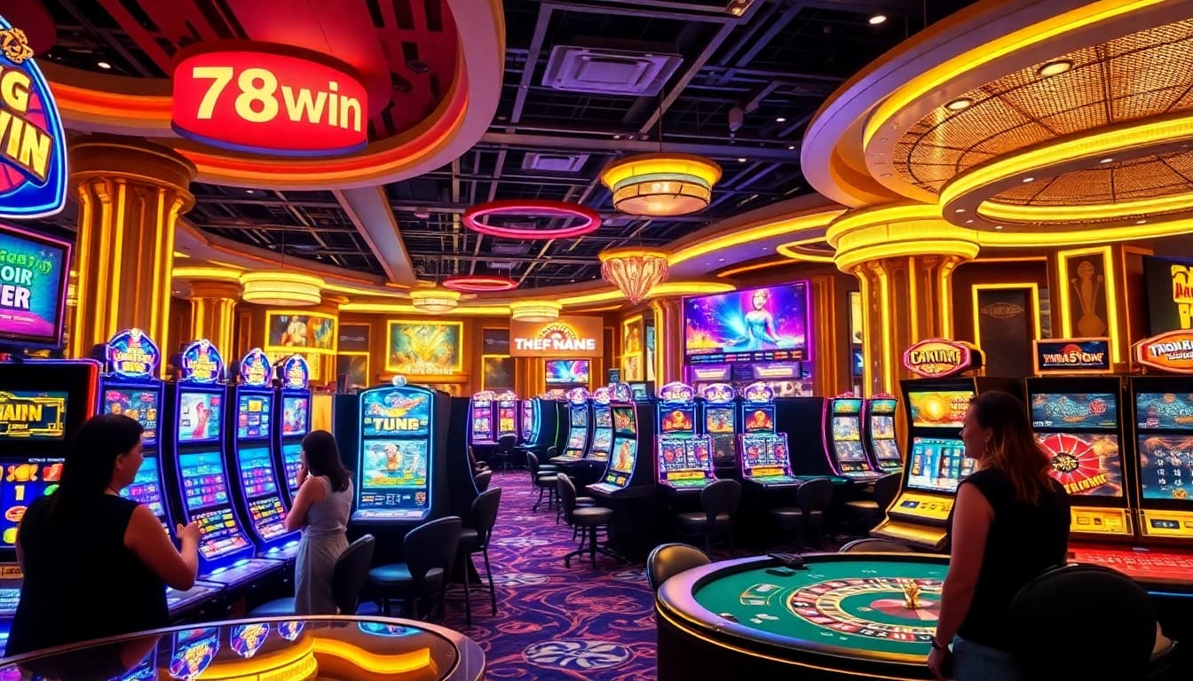 Players enjoying the thrilling experience of 789win nổ hũ slots in a vibrant casino atmosphere.